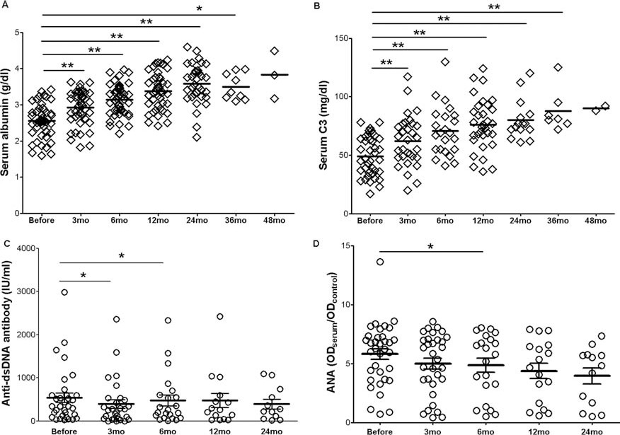 間充質干細胞移植后血清白蛋白 (A) 和補體 C3 (B) 增加。間充質干細胞移植后血清抗雙鏈DNA (dsDNA) 抗體和抗核抗體 (ANA) 下降（C和D）。