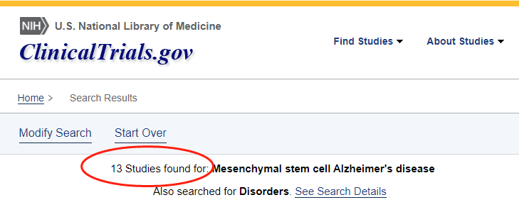 clinicaltrials.gov網(wǎng)站上注冊的有關(guān)間充質(zhì)干細(xì)胞治療阿爾茨海默氏病的臨床研究項(xiàng)目有13項(xiàng)。