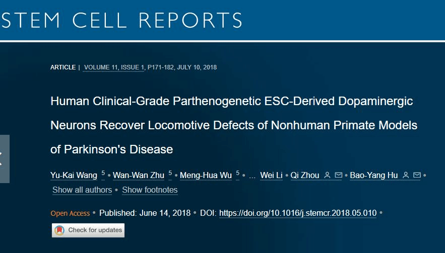人類臨床級孤雌生殖 ESC 衍生的多巴胺能神經(jīng)元可恢復(fù)非人類靈長類動(dòng)物帕金森病模型的運(yùn)動(dòng)缺陷