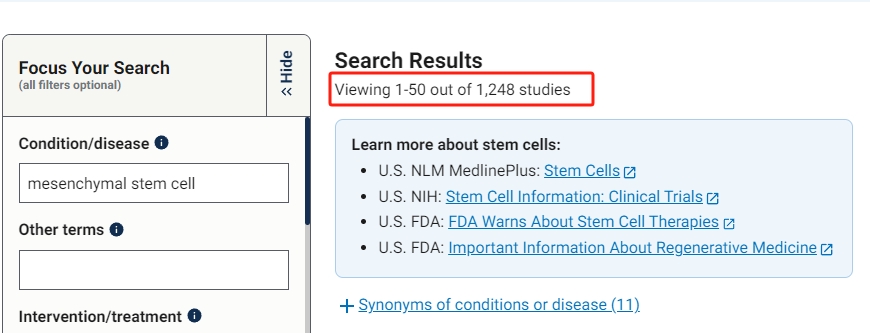 間充質(zhì)干細(xì)胞治療的臨床試驗(yàn)有1248項臨床試驗(yàn)被提出