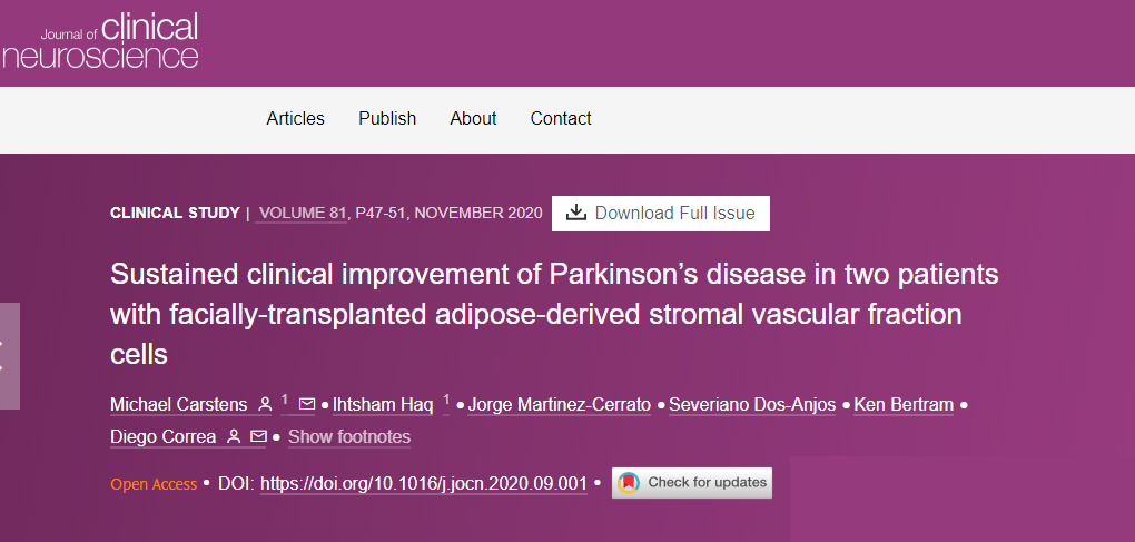 面部移植脂肪來源的基質(zhì)血管成分細(xì)胞后,兩名帕金森病患者病情持續(xù)改善 面部移植脂肪來源的基質(zhì)血管成分細(xì)胞后,兩名帕金森病患者病情持續(xù)改善
