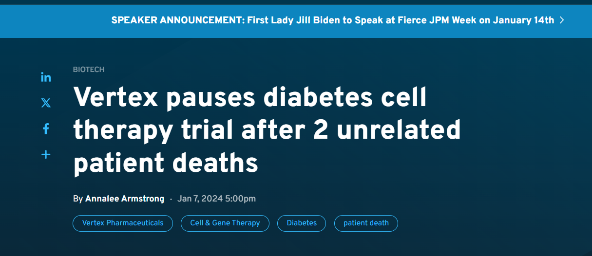 Vertex公司在兩例無關患者死亡后暫停干細胞治療糖尿病的試驗 Vertex公司在兩例無關患者死亡后暫停干細胞治療糖尿病的試驗