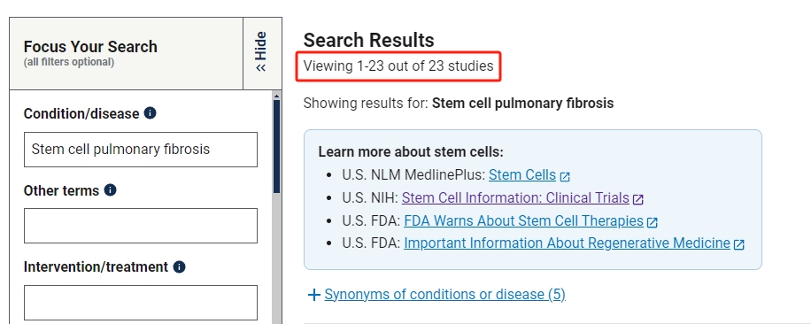 干細(xì)胞治療肺纖維化的臨床研究項(xiàng)目有23項(xiàng)。