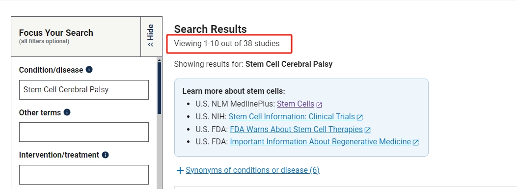 clinicaltrials.gov網站上注冊的有關干細胞治療腦癱的臨床研究項目有38項。其中已完成的有12項。