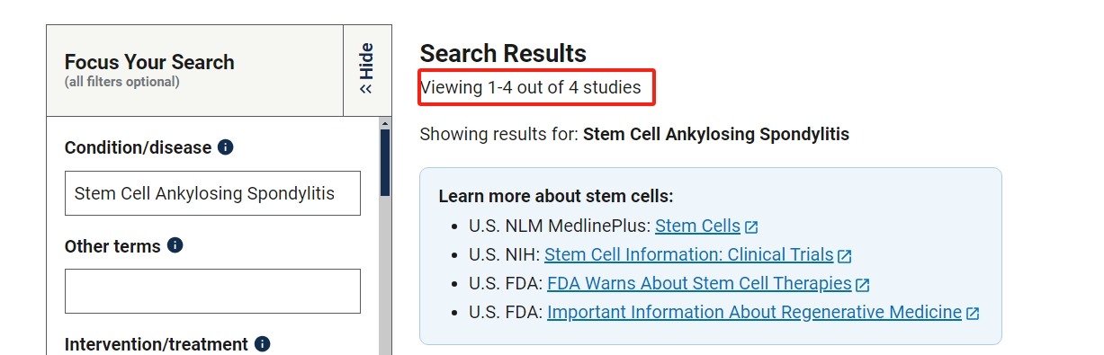 clinicaltrials.gov網站上注冊的有關干細胞治療強直性脊柱炎的臨床研究項目有4項。其中已完成的有1項。