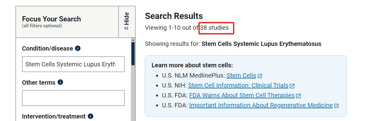 clinicaltrials.gov網站上注冊的有關干細胞治療系統性紅斑狼瘡的臨床研究項目有38項。其中已完成的有10項。