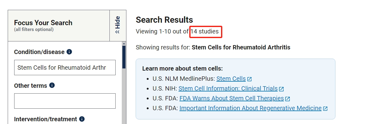 干細(xì)胞治療類風(fēng)濕關(guān)節(jié)炎的臨床研究項(xiàng)目有14項(xiàng)。其中已完成的有2項(xiàng)。