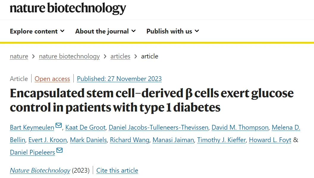 封裝干細胞衍生的 β 細胞對 1 型糖尿病患者發揮血糖控制作用