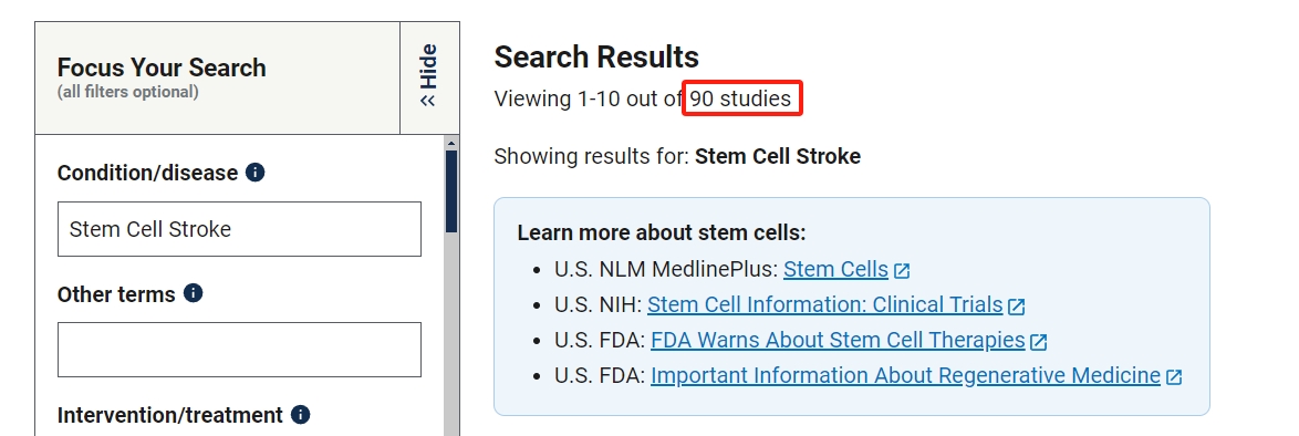 干細(xì)胞治療中風(fēng)的臨床研究項(xiàng)目有90項(xiàng)。其中已完成的有33項(xiàng)。