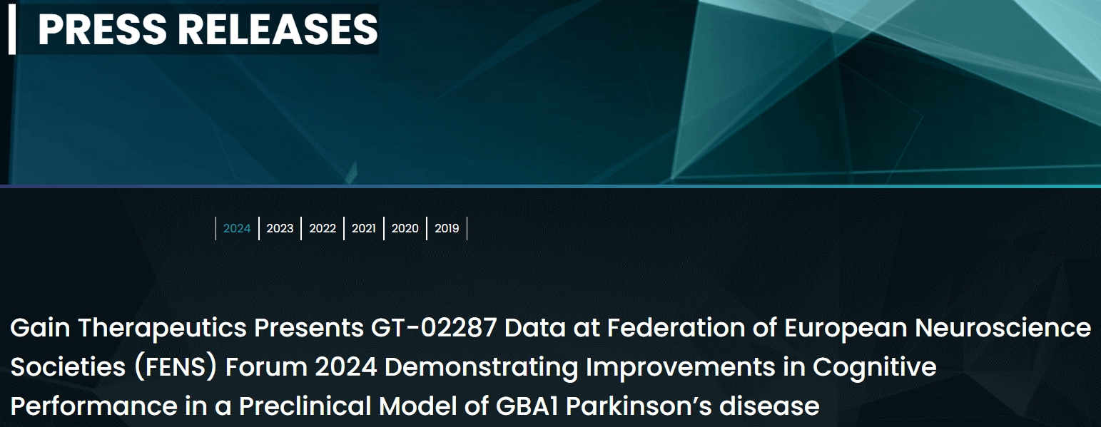 Gain Therapeutics在2024年歐洲神經科學學會聯合會 (FENS) 論壇上展示GT-02287數據，證明GBA1帕金森病臨床前模型的認知能力有所改善