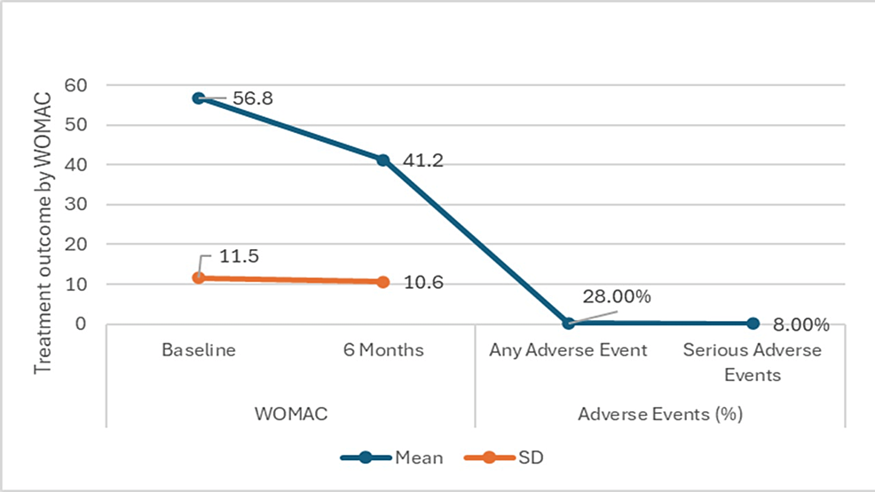 圖4：西安大略大學(xué)和麥克馬斯特大學(xué)關(guān)節(jié)炎指數(shù) (WOMAC) 六個月隨訪的治療結(jié)果