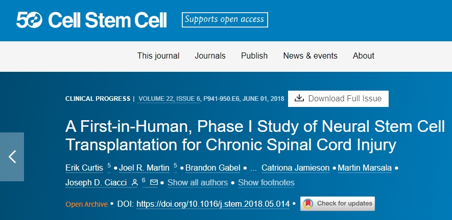 首次在人體中進行的I期神經干細胞移植治療慢性脊髓損傷的研究。