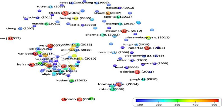 圖6：129篇干細胞治療1型糖尿病高引用出版物的引用計數網絡可視化