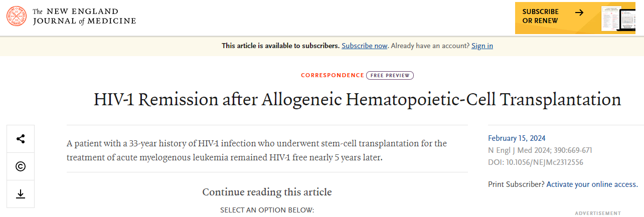 異基因造血細(xì)胞移植后 HIV1 緩解