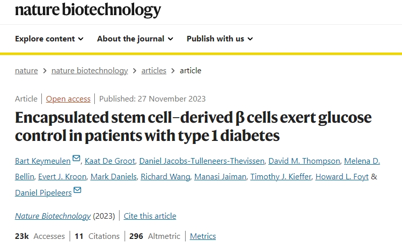 封裝干細(xì)胞衍生的 β 細(xì)胞對(duì) 1 型糖尿病患者發(fā)揮血糖控制作用