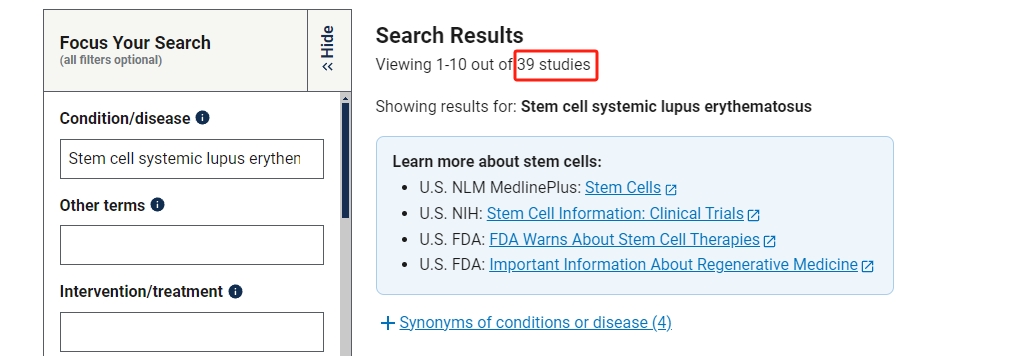 干細胞治療系統性紅斑狼瘡臨床研究項目有39項。其中國內發布的占據8項。
