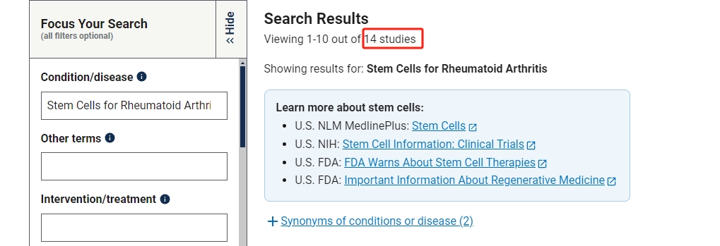 干細(xì)胞治療類(lèi)風(fēng)濕關(guān)節(jié)炎臨床研究項(xiàng)目有14項(xiàng)。其中國(guó)內(nèi)發(fā)布的占據(jù)4項(xiàng)。