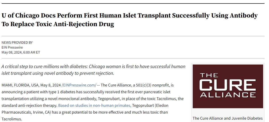 芝加哥大學(xué)醫(yī)生成功實(shí)施首例人類胰島移植手術(shù)，使用抗體替代有毒抗排斥藥物