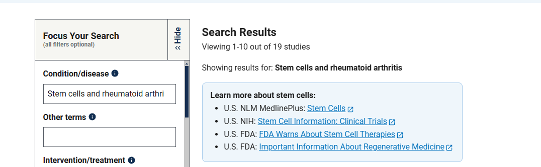 clinicaltrials.gov網站上注冊的有關干細胞治療類風濕關節炎臨床研究項目有19項