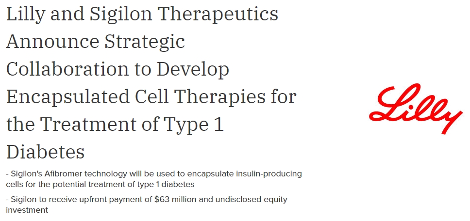 Lilly公司與 Sigilon Therapeutics 宣布開展戰略合作，開發用于治療 1 型糖尿病的封裝細胞療法