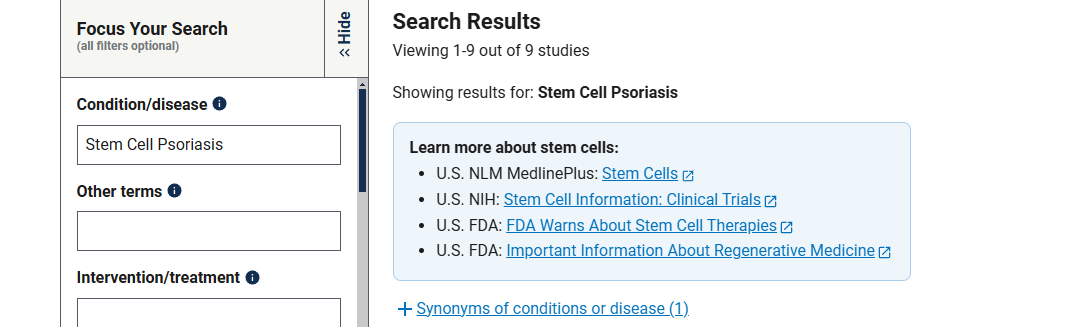 有關(guān)干細(xì)胞治療銀屑病臨床研究項目有9項，已完成的有4項。