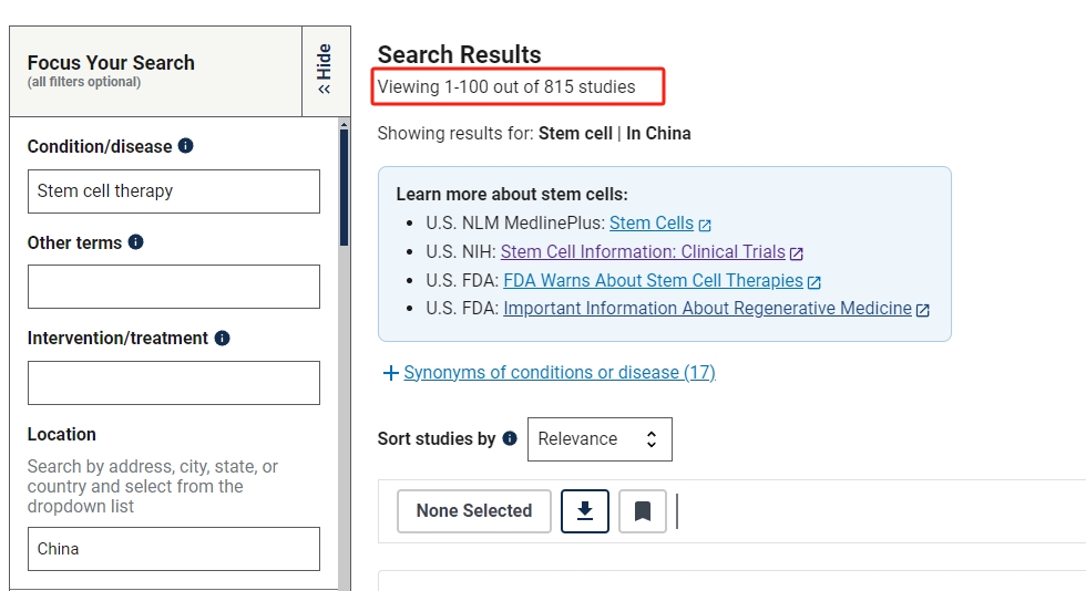 在中國進(jìn)行的干細(xì)胞臨床研究的項目有815項