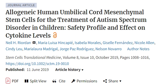 同種異體人臍帶間充質干細胞治療兒童自閉癥譜系障礙：安全性和對細胞因子水平的影響