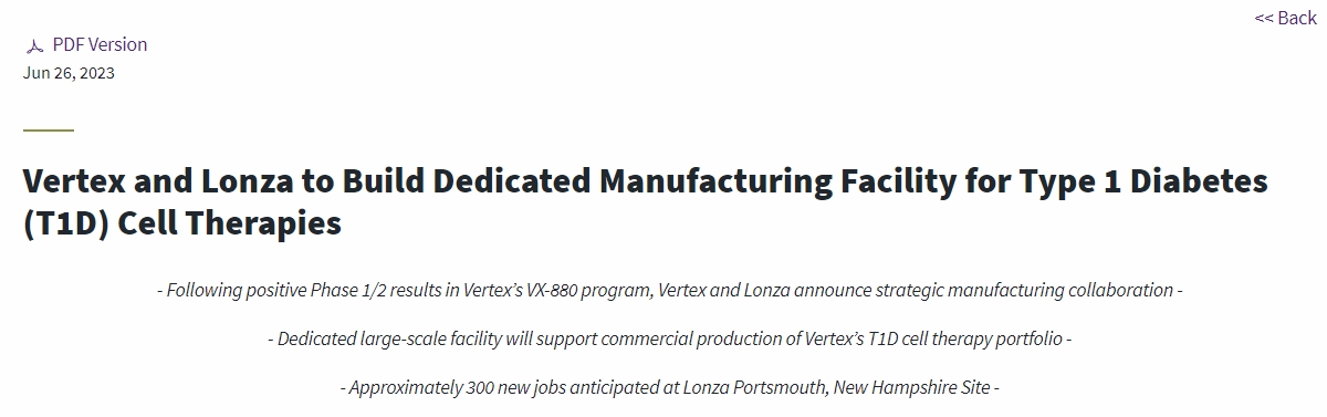 Vertex和Lonza將建立專門生產1型糖尿病 (T1D) 細胞療法的工廠