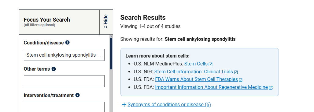 clinicaltrials.gov網站上注冊的有關干細胞治療強直性脊柱炎的臨床研究項目有4項