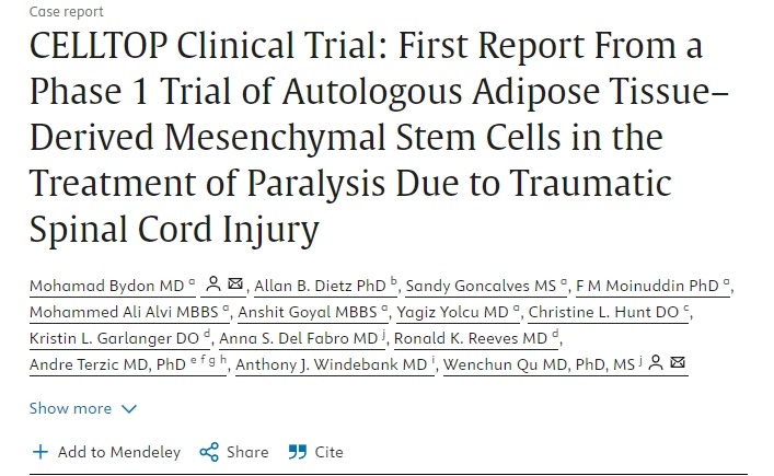 CELLTOP 臨床試驗：自體脂肪組織來源的間充質干細胞治療創傷性脊髓損傷所致癱瘓的 1 期臨床試驗首份報告