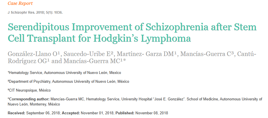 2018年11月8日，墨西哥新萊昂自治大學(xué)在國際期刊《J Schizophr Res》上發(fā)布了一篇《霍奇金淋巴瘤干細胞移植后精神分裂癥意外改善》的研究結(jié)果。