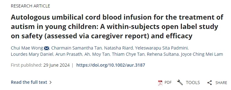 自體臍帶血輸注治療幼兒自閉癥：一項關(guān)于安全性（通過護理人員報告評估）和有效性的受試者內(nèi)開放標簽研究