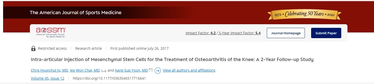 美國運(yùn)動雜志：關(guān)節(jié)內(nèi)注射間充質(zhì)干細(xì)胞治療膝關(guān)節(jié)骨關(guān)節(jié)炎：為期2年的隨訪研究