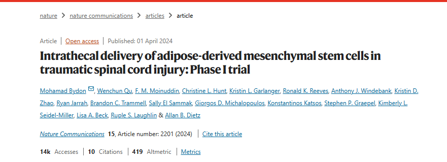 脂肪來源的間充質干細胞在創傷性脊髓損傷中的鞘內輸送：第一階段試驗