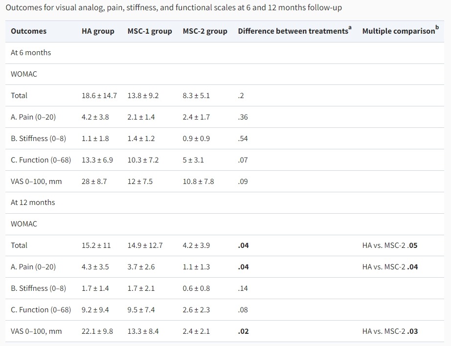 圖2：6個月和12個月隨訪中的視覺模擬、疼痛、僵硬和功能量表結果