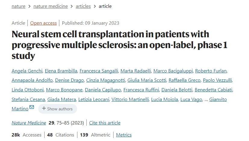 神經干細胞移植治療進行性多發性硬化癥患者：一項開放標簽、I期研究