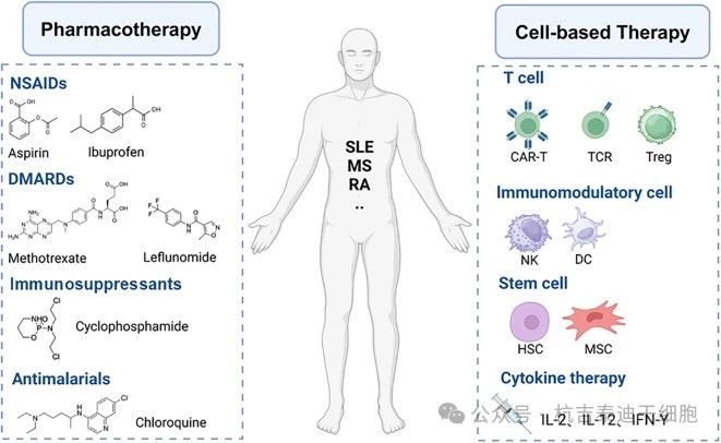 圖3：自身免疫性疾病的藥物治療和細胞治療。