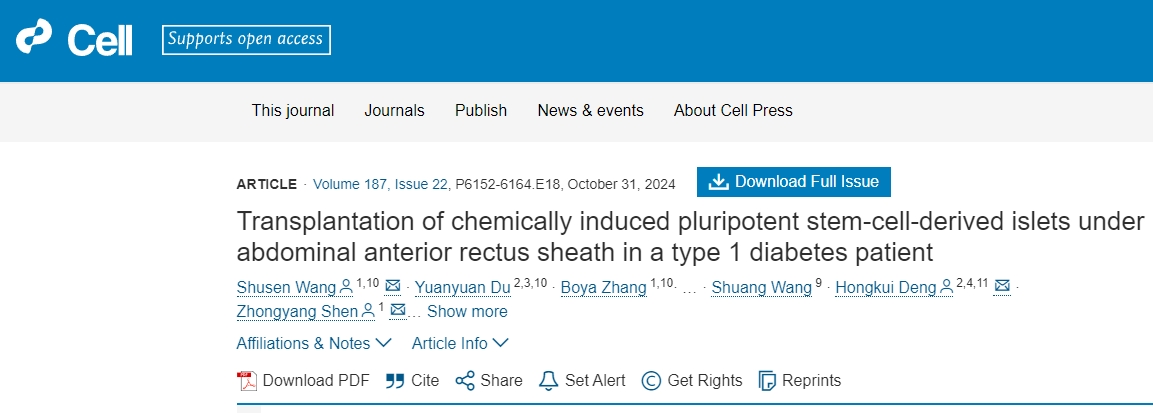 化學(xué)誘導(dǎo)的多能干細胞衍生的胰島移植到1型糖尿病患者的腹部前直肌鞘下