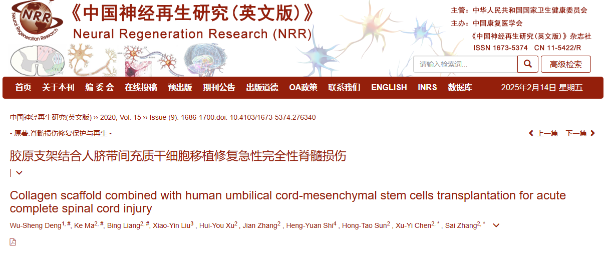 膠原支架聯(lián)合人臍帶間充質(zhì)干細(xì)胞移植治療急性完全性脊髓損傷