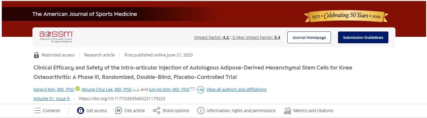 關(guān)節(jié)內(nèi)注射自體脂肪間充質(zhì)干細(xì)胞治療膝關(guān)節(jié)骨關(guān)節(jié)炎的臨床療效和安全性：一項III期、隨機(jī)、雙盲、安慰劑對照試驗