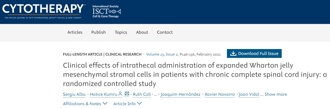 脊髓慢性完全性損傷患者鞘內(nèi)注射擴(kuò)增沃頓膠質(zhì)間充質(zhì)基質(zhì)細(xì)胞的臨床效果：一項隨機(jī)對照研究