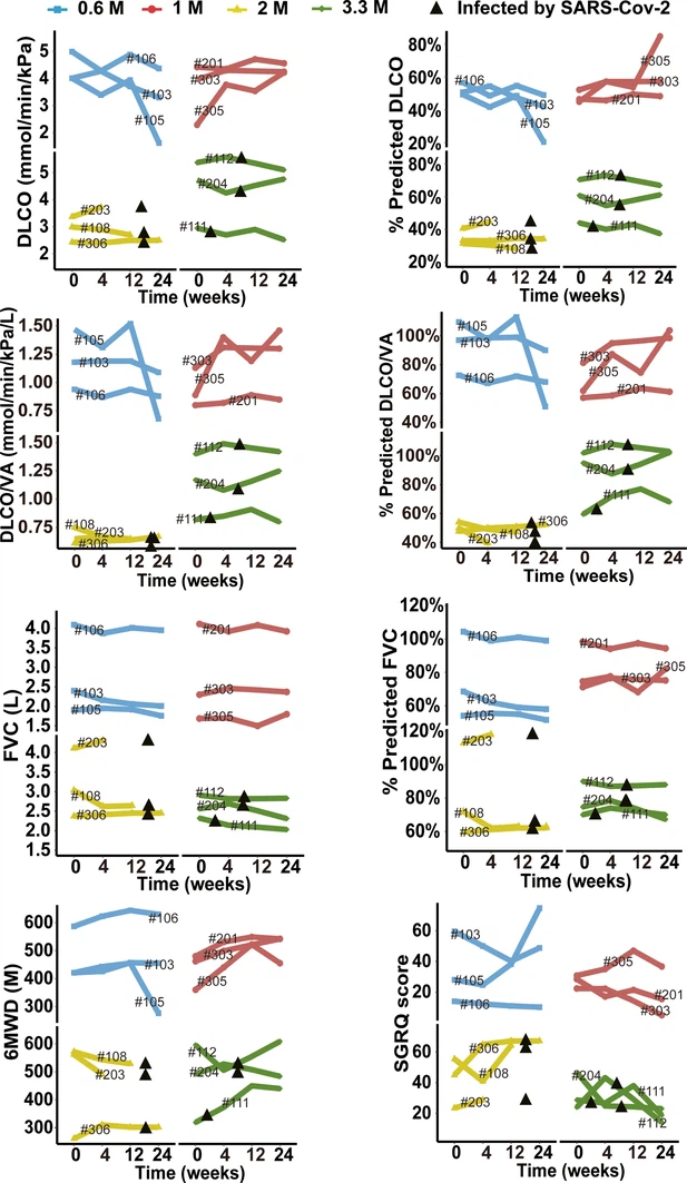 圖3-圖補(bǔ)充1：細(xì)胞治療后不同時(shí)間點(diǎn)預(yù)測(cè)DLCO%、DLCO、預(yù)測(cè)DLCO/VA%、DLCO/VA、預(yù)測(cè)FVC%、FVC、6MWD及SGRQ評(píng)分的變化。