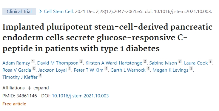 植入的多能干細胞衍生的胰腺內(nèi)胚層細胞在1型糖尿病患者中分泌葡萄糖反應(yīng)性C肽
