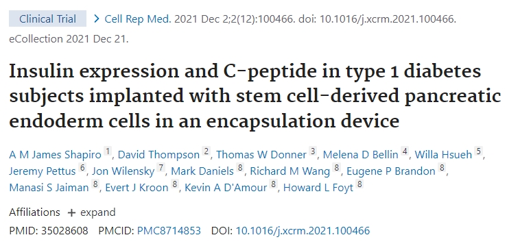 在封裝裝置中植入干細胞衍生的胰腺內(nèi)胚層細胞的1型糖尿病受試者的胰島素表達和C肽