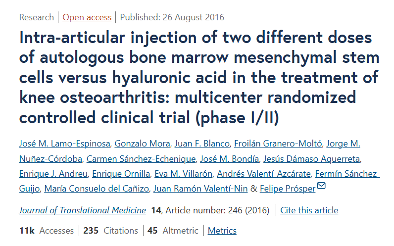 關(guān)節(jié)腔內(nèi)注射兩種不同劑量自體骨髓間充質(zhì)干細(xì)胞與透明質(zhì)酸治療膝骨關(guān)節(jié)炎的多中心隨機(jī)對照臨床試驗(yàn)（I/II期）