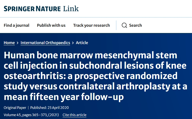 人骨髓間充質干細胞注射治療膝關節骨性關節炎軟骨下損傷：一項前瞻性隨機研究，對比平均十五年隨訪的對側關節置換術