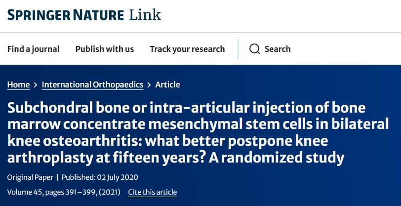 雙側膝骨關節炎：軟骨下骨或關節內注射骨髓濃縮間充質干細胞：哪種方法更有利于推遲15年后的膝關節置換術？一項隨機研究