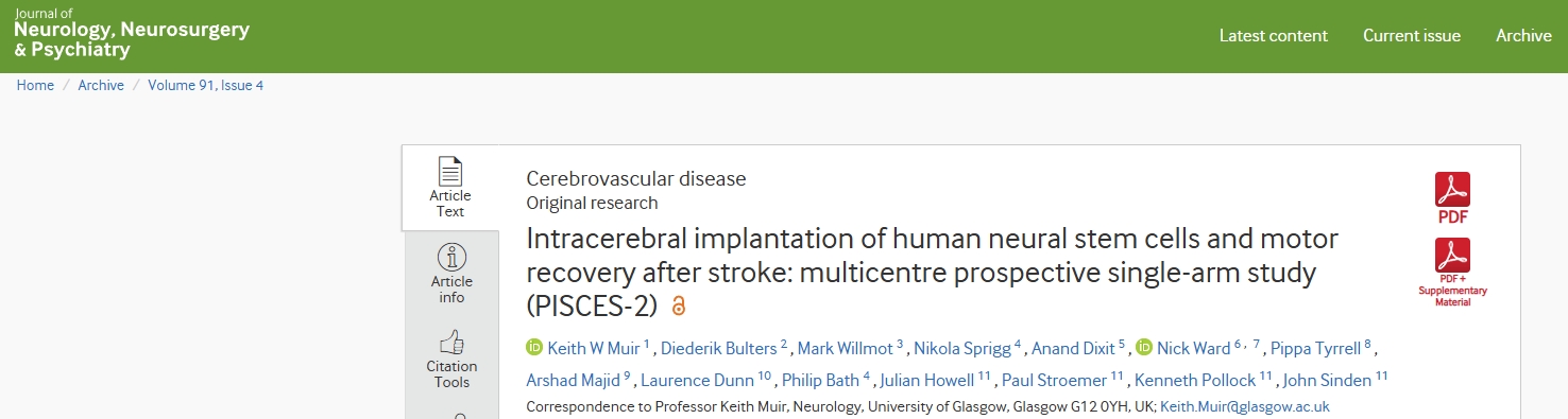 人類神經干細胞腦內植入與中風后運動恢復:多中心前瞻性單臂研究(PISCES-2) 人類神經干細胞腦內植入與中風后運動恢復:多中心前瞻性單臂研究(PISCES-2)