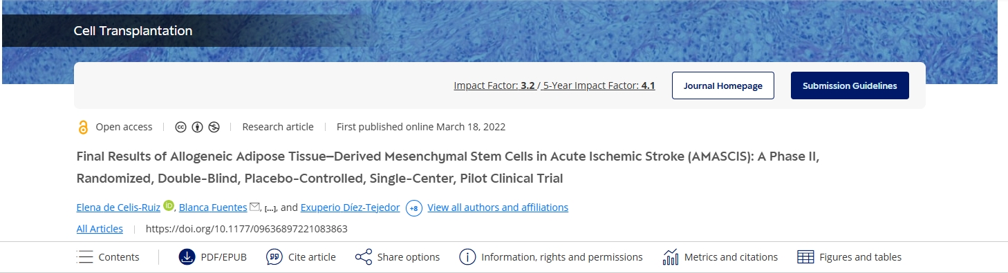 同種異體脂肪組織來源的間充質干細胞治療急性缺血性中風 (AMASCIS) 的最終結果:一項II期、隨機、雙盲、安慰劑對照、單中心、試點臨床試驗 同種異體脂肪組織來源的間充質干細胞治療急性缺血性中風 (AMASCIS) 的最終結果:一項II期、隨機、雙盲、安慰劑對照、單中心、試點臨床試驗