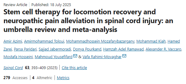 干細胞療法對脊髓損傷運動功能恢復和神經性疼痛緩解的影響：綜述和薈萃分析